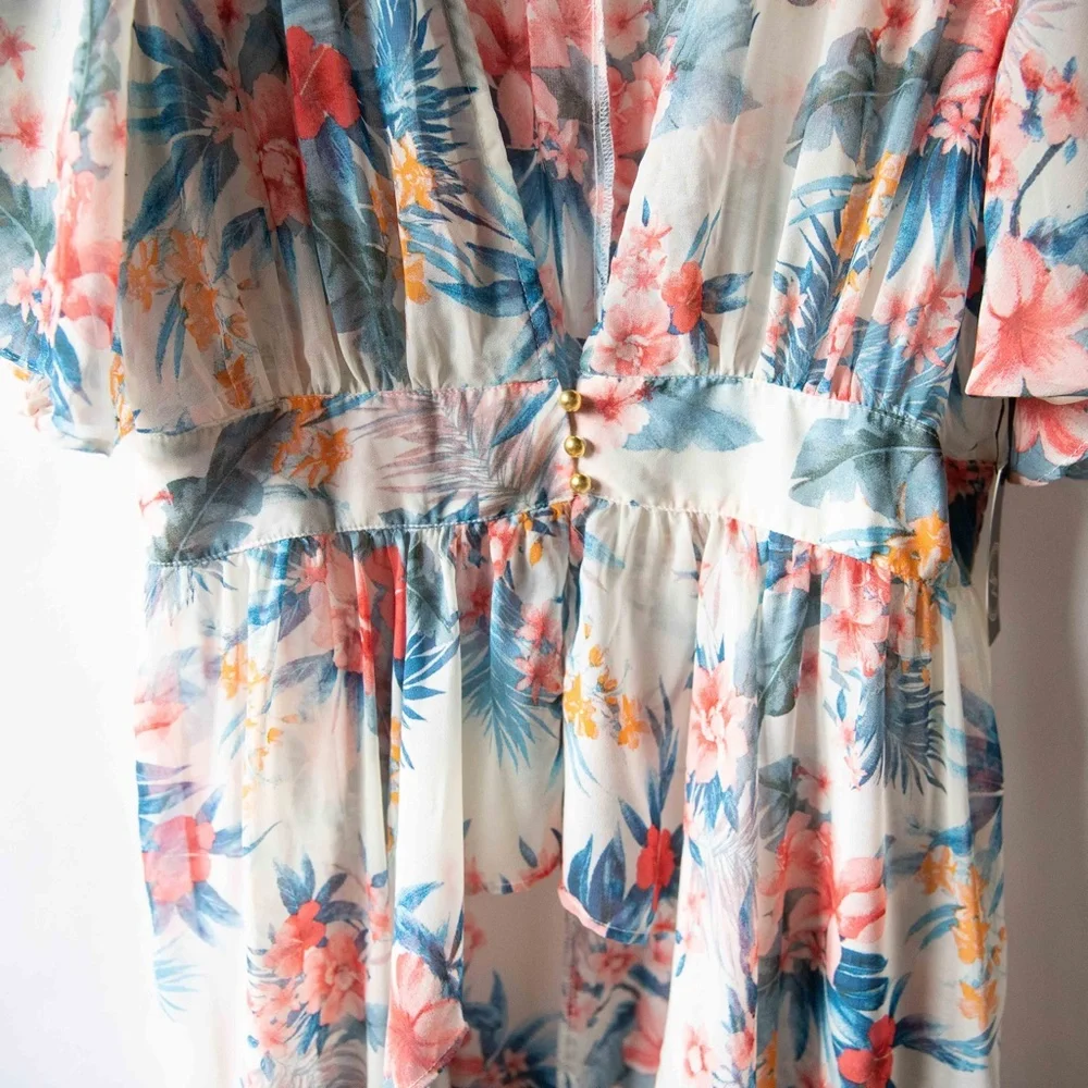 Liberty Love Coverup Kimono Sheer High Low Ruffle Tropical